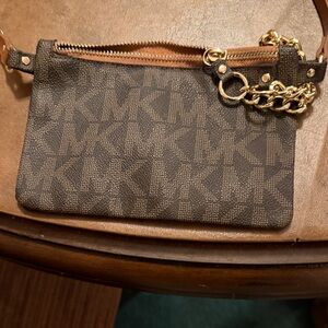 Michael Kors Monogram Brown Pouch with Gold Chain